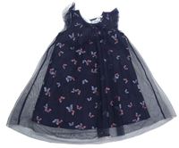 Tmavomodré trblietavé tylové šaty s motýlikmi a volánikmi zn. H&M