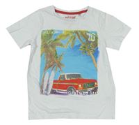 Bielo-modré tričko s autom a palmami C&A