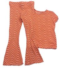 2Set - Světleoranžovo-tmavoranžové vzorované rebrované tričko + flare nohavice zn. Next