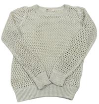 Smetanovo-svetlošedá -strieborný melírovaný ažurový sveter zn. H&M