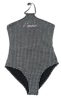 Bielo-čierne kockované krepové jednodielne plavky s nápisom Candy Couture