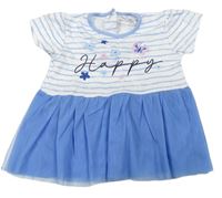 Bielo-modré pruhované bavlněno/tylové šaty s nápisom a kvietkami Lily&Jack