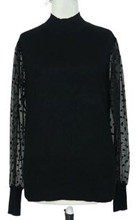 Dámsky čierny sveter s tylovymi bodkovanymi rukávy Oasis