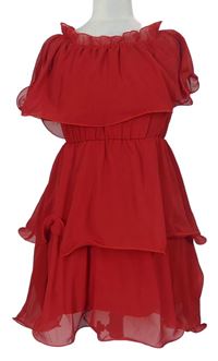 Dámske červené šifónové šaty s volánikmi PrettyLittle Thing