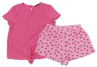 2Set - Tmavoružové vzorované tričko s uzlem + ružové bodkovaná é vzorované kraťasy George + Matalan