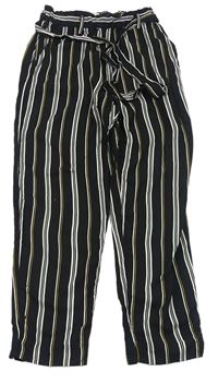 Čierno-bielo-okrové pruhované ľahké nohavice s opaskom zn. H&M