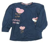 Tmaovmodré oversize tričko s kvetinami