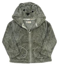 Sivá melírovaná chlpatá bunda s kapucí - medvedík zn. H&M