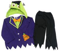 Kostým- 3set- fialové pruhované triko+ černé kalhoty+ zelená maska- Frankestain