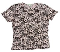 Ružovo-antracitové kvetované tričko