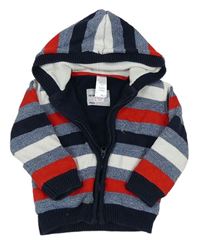Modro-červeno-biely pruhovaný zateplený prepínaci sveter s kapucňou C&A