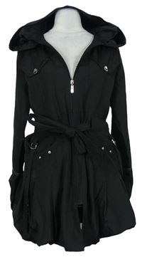 Dámsky čierny šušťákový jarný kabát s opaskom a kapucňou Lailishi
