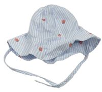 Světlemodro-biely pruhovaný klobúk s jahodami zn. H&M