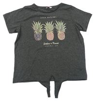 Tmavosivé melírované tričko s ananásmi a nápismi miss e-vie
