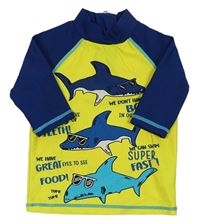 Žlto-tmavomodré UV tričko so žralokmi Miniclub