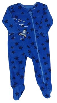 Cobaltovoě modrý fleecový overal s hviezdičkami a raketou a medvedíkom St. Bernard