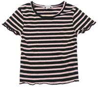 Čierno-bielo-ružové pruhované rebrované crop tričko Primark