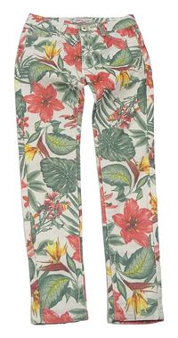 Smotanové kvetované plátenné skinny nohavice