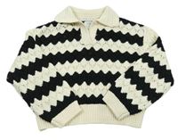 Smetanovo-čierny perforovaný crop sveter s golierikom Zara