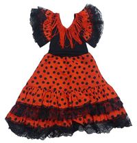 Kockovaným - Červeno-čierne bodkovaná é šaty s volániky a strapcemi a čipkou s kvietkami