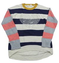 Smetanovo-tmavomodro-sivo-ružovo-okrový pruhovaný sveter so srdíčkem z flitrů zn. GAP