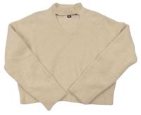 Béžový chlpatý crop sveter s prestrihom New Look
