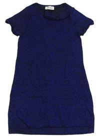 Tmavomodro-zafírové svetrové šaty s mašlou a trblietkami zn. H&M