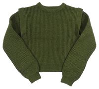 Khaki rebrovaný crop sveter s volánikmi PRIMARK
