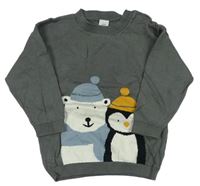 Tmavosivý sveter s medvedíkom a tučňáčkem zn. H&M