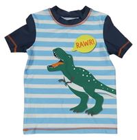 Modro-biele pruhované Uv tričko s dinosaurom