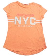 Neónově oranžové melírované tričko s písmenky a nápismi a pruhmi zn. H&M