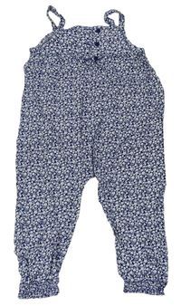 Bielo-modrý kvetovaný ľahký nohavicový overal Jojo Maman Bebé