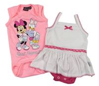 2set- Neónově ružové body s Minnie a Daisy + Biele šaty s všitým ružovým body zn. Disney