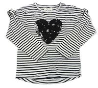 Bielo-čierne pruhované tričko so srdcem z flitrů Tu