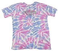 Ružovo-modro-biele batikované tričko s nápismi C&A