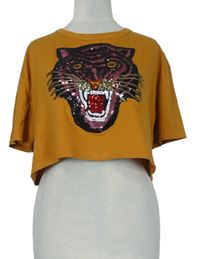 Dámske medové crop tričko s tygrem z flitrů