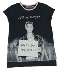 Čierno-sivo-svetloružové tričko s Justinem Bieberem a kamienkami YD