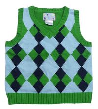 Zeleno-světle-tmavomodrá károvaná pletená vesta