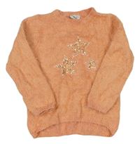 Broskvový chlpatý sveter s hvězdami z flitrů a perel