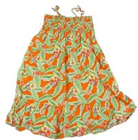 Oranžovo-zelené plátenné šaty s listami a kvietkami zn. H&M