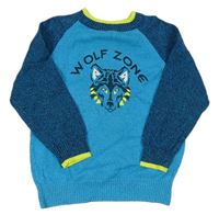 Azurovoů-modrozelený melírovaný sveter s vlkem Kids