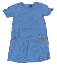 Modro-farebné melírované plátenné šaty s výšivkou Pepperland