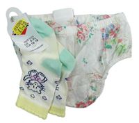 2set - Biele kvetované kalhotky na plenku + smotanové ponožky s mačkou a srdiečkami