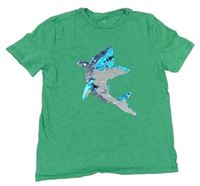 Zelené melírované tričko so žralokem z překlápěcích flitrů GAP