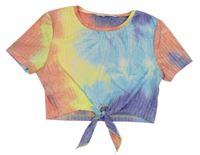 Farebné batikované crop rebrované tričko s uzlom Shein