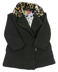 Sivý flaušový zateplený kabát s leopardím kožúškom