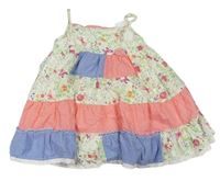 Bielo-modro-ružové plátenné patchwork šaty s kvietkami a motýlikmi zn. Mothercare
