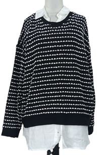 Dámsky čierno-biely vzorovaný sveter s halenkovou vsadkou