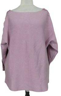 Dámsky ružový voľné ý sveter s čipkou a korálkami