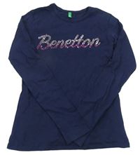 Tmavomodré tričko s logem z kamínků Benetton